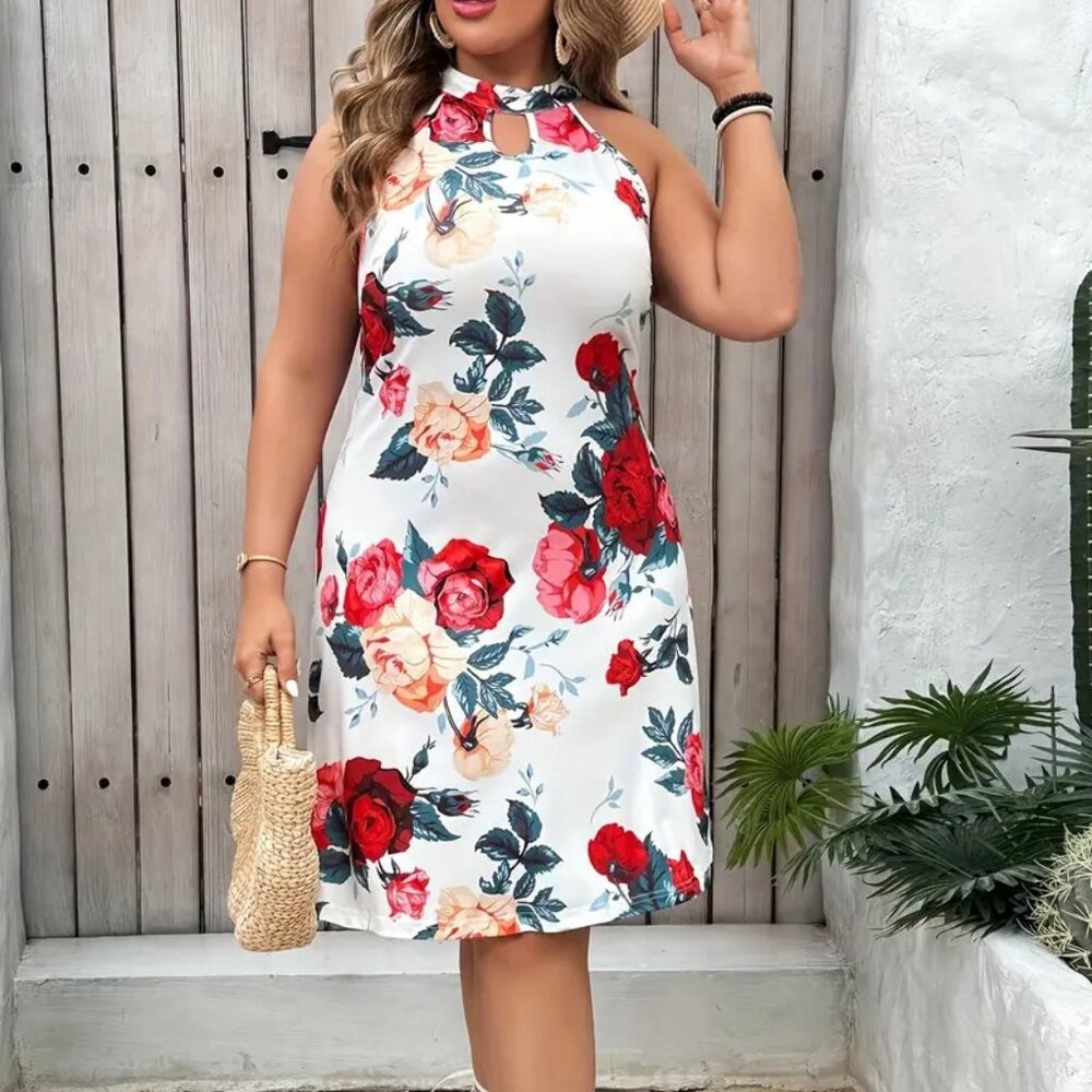 Women's Plus Size Floral Print Keyhole Halter Neck Fashion Summer Dress 16W -22W